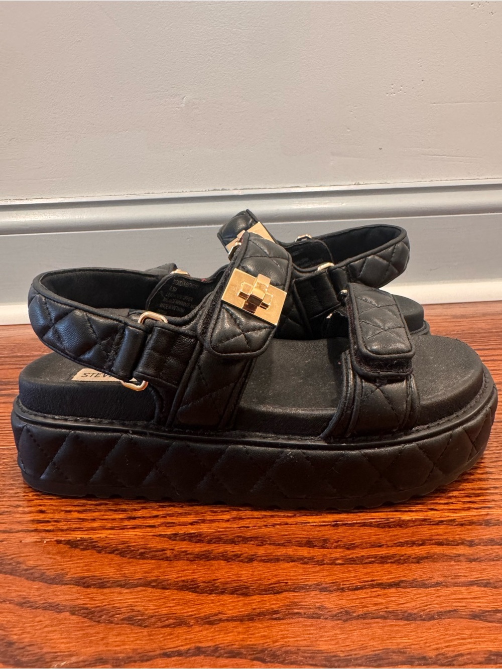 Steve Madden Black Quilted Platform Sandals with Gold Accent Buckle